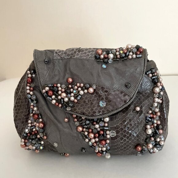 Grace Ann Agostino Embellished Evening Shoulder Bag Gray Leather Patchwork Beads - Picture 2 of 16